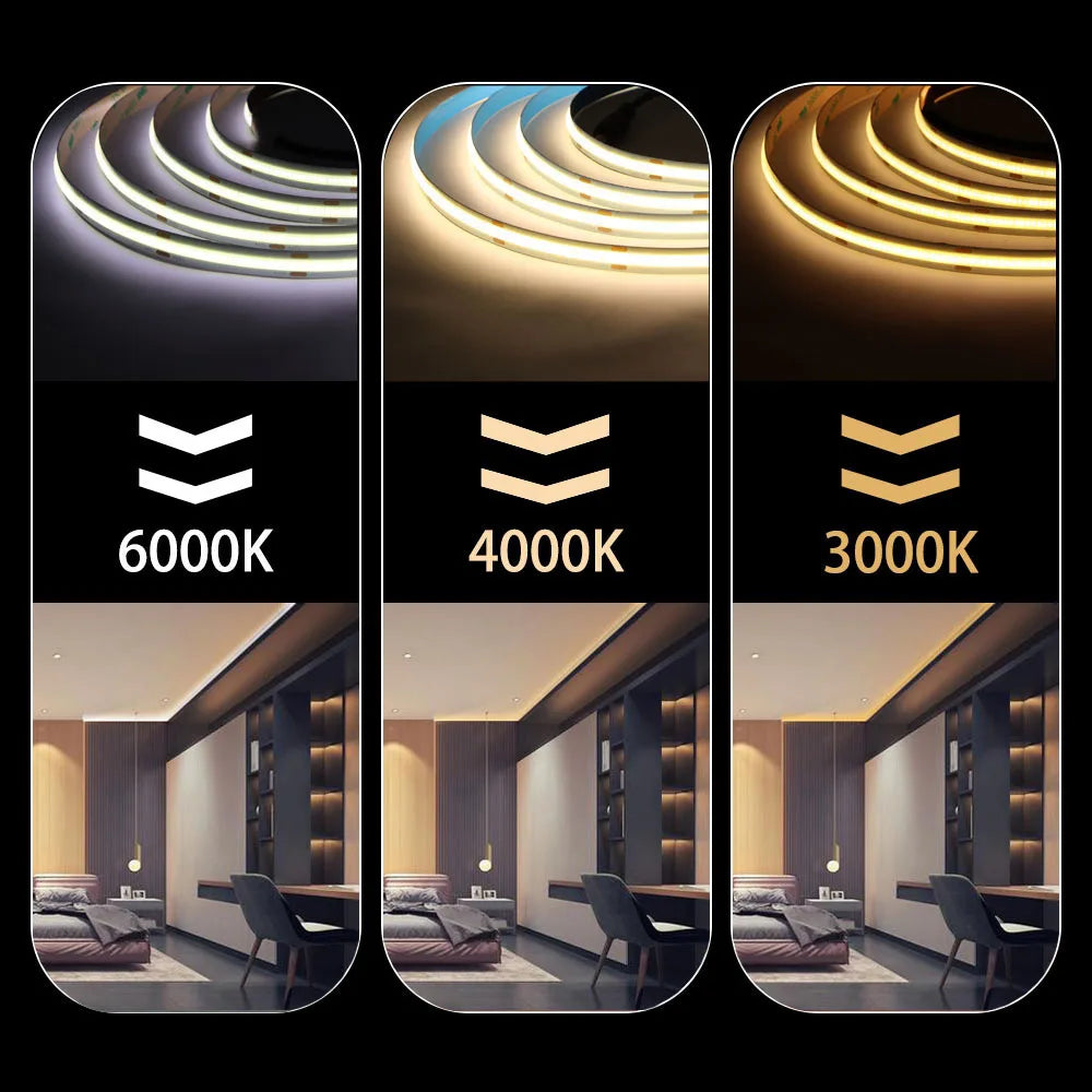 COB LED Strip Light High-Density 480/528 LEDs/m Flexible 8mm/10mm Tape Warm/Natural/Cool White + RGB DC12/24V