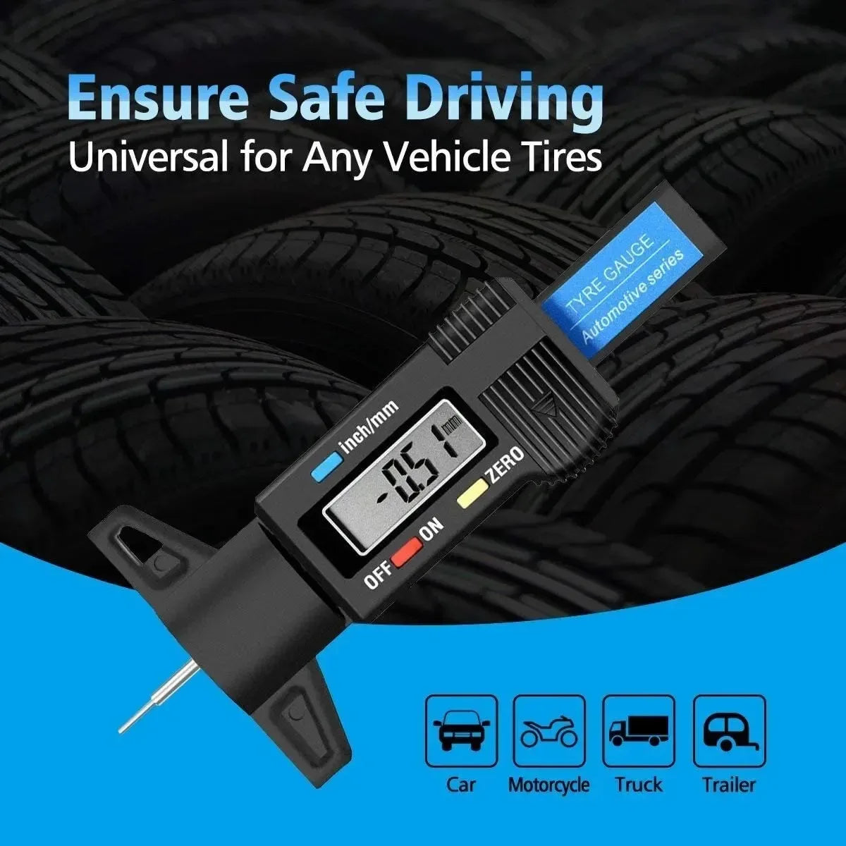 Digital Tire Tread Depth Gauge 0-25mm (0–0.98in) LCD Caliper — Portable Tire Gauge for Car, Motorcycle, Truck