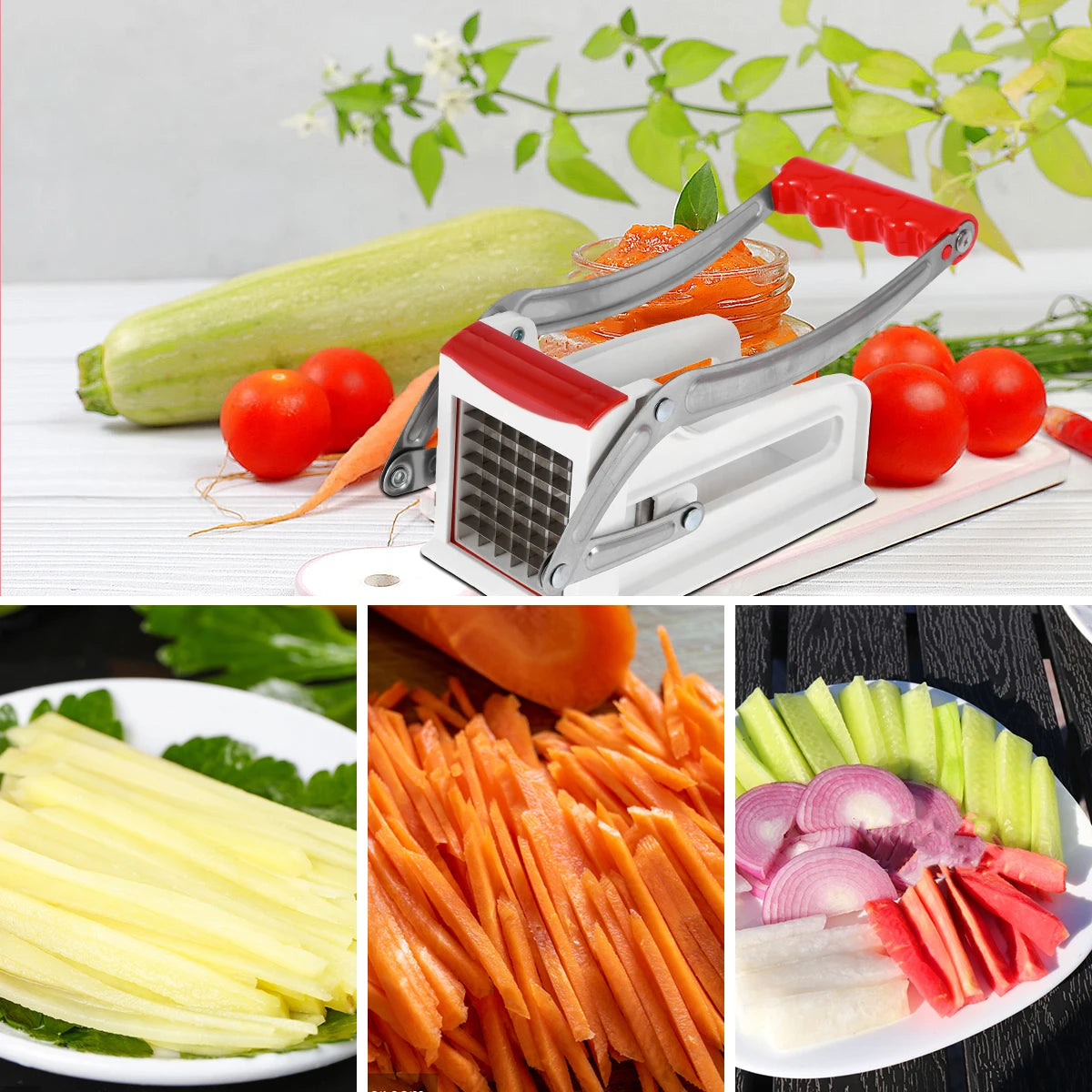 French Fry Cutter Stainless Steel Potato Chipper with 25 & 49-Hole Blades - Manual Vegetable Slicer with Suction Base