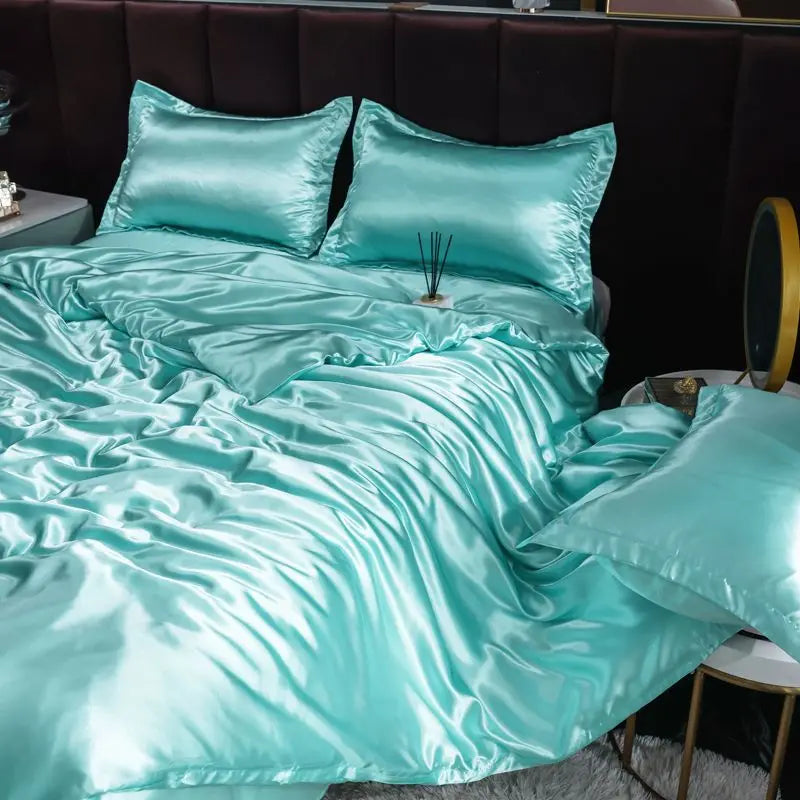 Ice Silk Satin 4-Piece Duvet Cover Set – Silky Solid Color Bedding (Duvet Cover + 2 Pillowcases + Sheet), Fits 1.5–2.2 m (5–7 ft) Beds