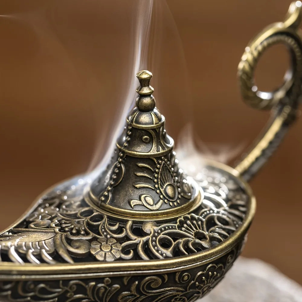 Antique Metal Incense Burner - Aladdin Lamp Style Aroma Diffuser for Home Decor and Air Purification
