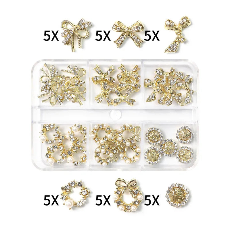 6-Grid Nail Rhinestone Kit – Saturn, Planet & Cross Crystal Nail Charms for Nail Art