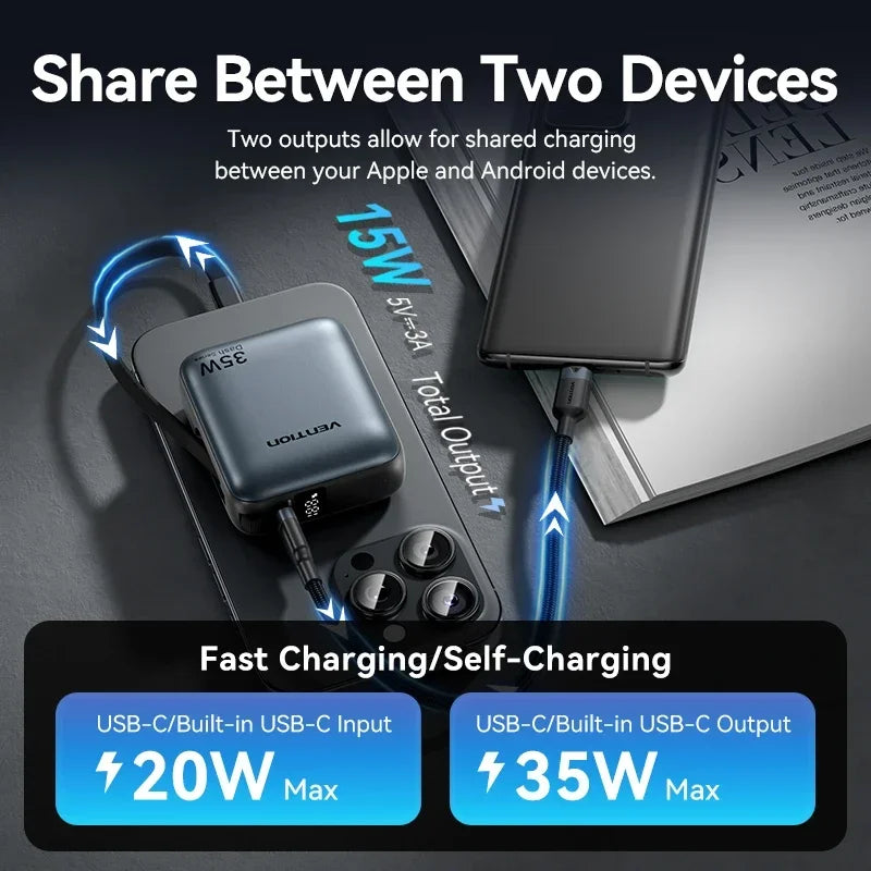 10000mAh 35W USB-C Power Bank with Built-In Cable & LED Display - Portable Fast Charger for iPhone, Android, MacBook Air