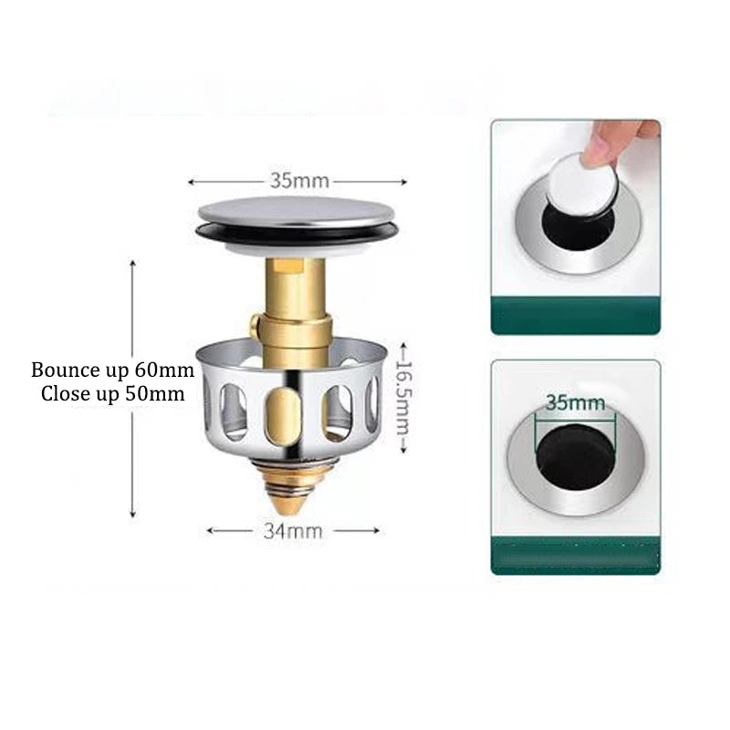 Universal Brass Pop-Up Drain Stopper & Hair Catcher – Metal Basin Strainer Plug for Sink and Bathtub