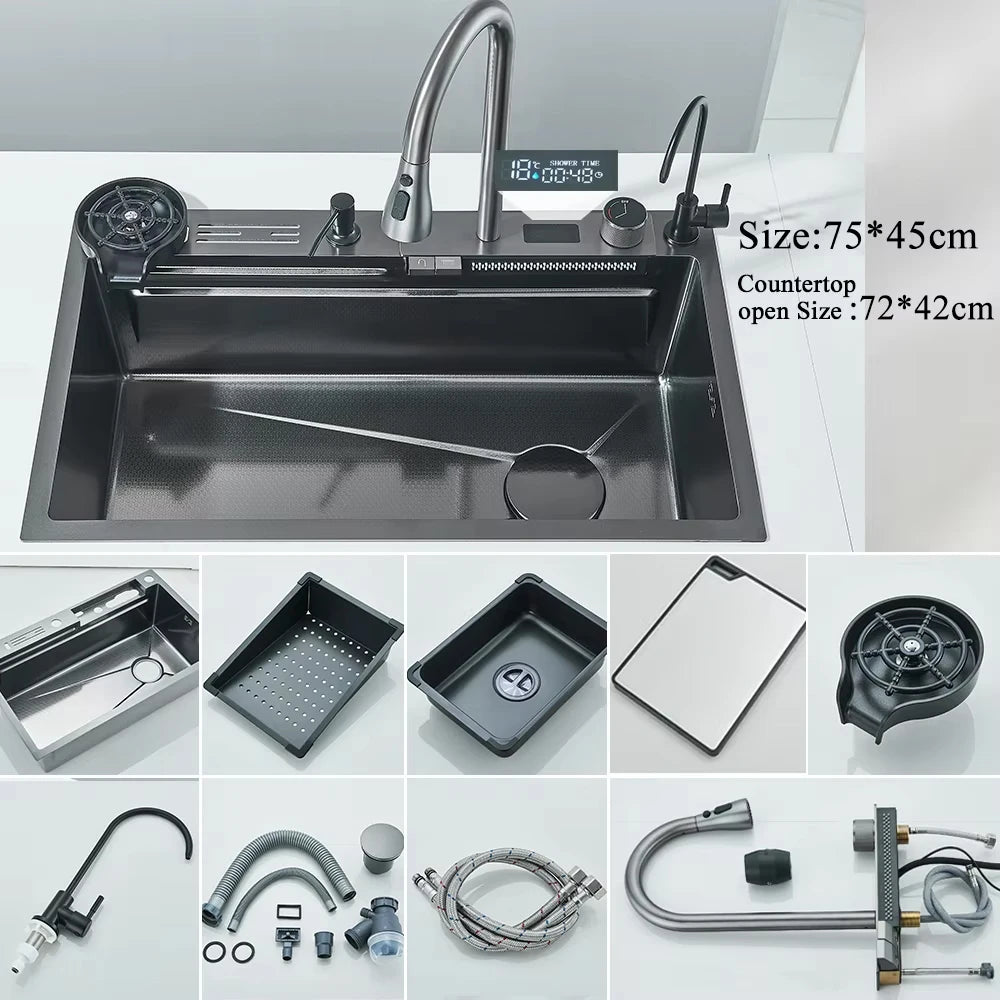 304 Stainless Steel Undermount Kitchen Sink Single Bowl 75 x 45 cm (29.5 x 17.7 in) Brushed Finish with Waterfall Faucet, Digital Display and Soap Dispenser