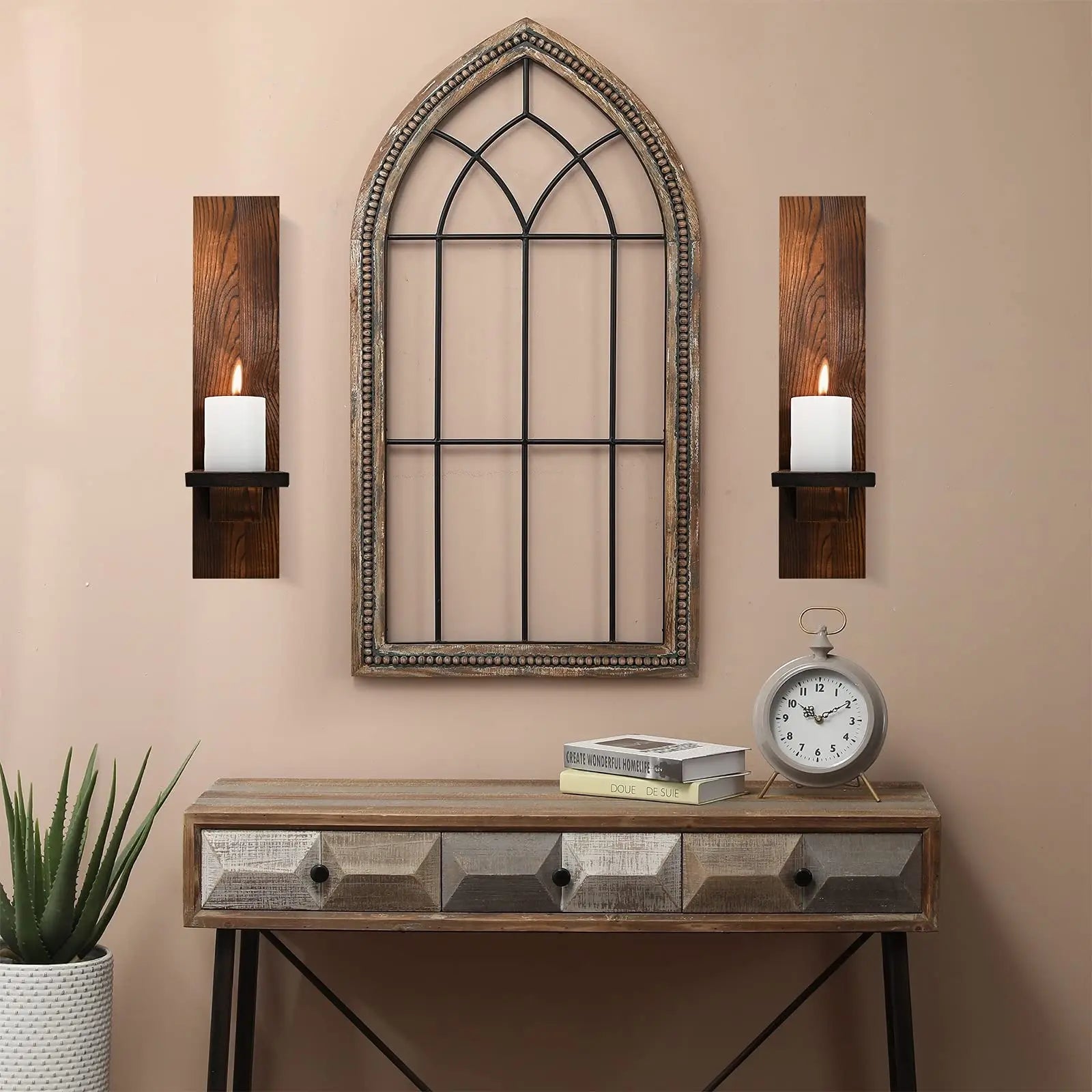 Set of 2 Wooden Wall Candle Sconces 15 in x 3.5 in x 4.3 in (38.1 x 8.9 x 10.9 cm) Rustic Wall-Mount Pillar Candle Holders