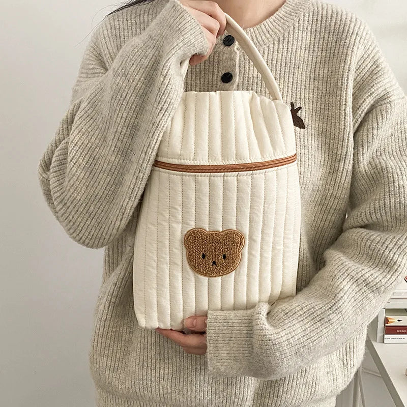 Cotton Bear Print Diaper Bag for Mom - Beige Maternity Nappy Organizer Tote with Zipper