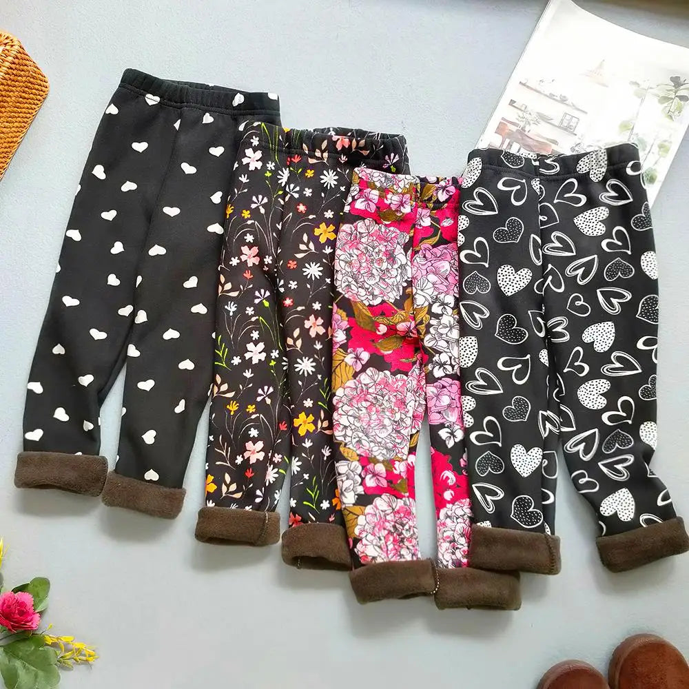 Girls Floral Fleece-Lined Leggings - Thick Warm Winter Pants for Toddlers and Kids (2-11 Years)