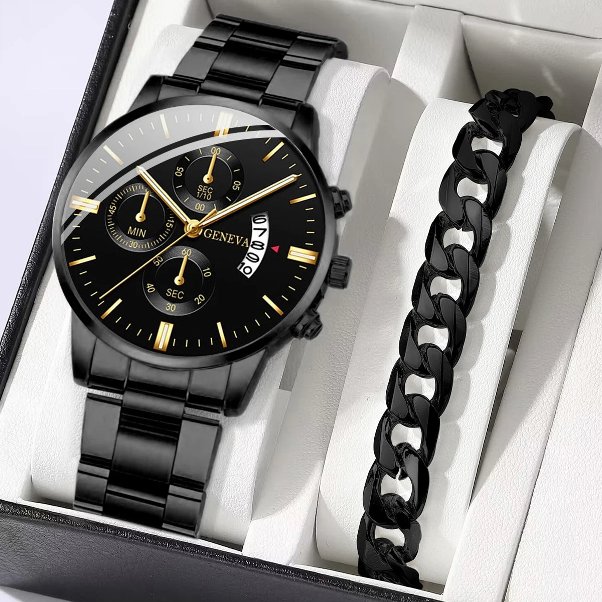 2-Piece Men's Business Quartz Watch and Bracelet Set - Alloy Steel Band, Calendar, Folding Clasp