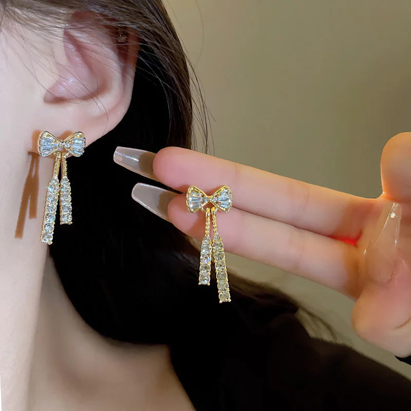 Gold Tone Rhinestone Bow Dangle Stud Earrings, Dainty Gift for Women
