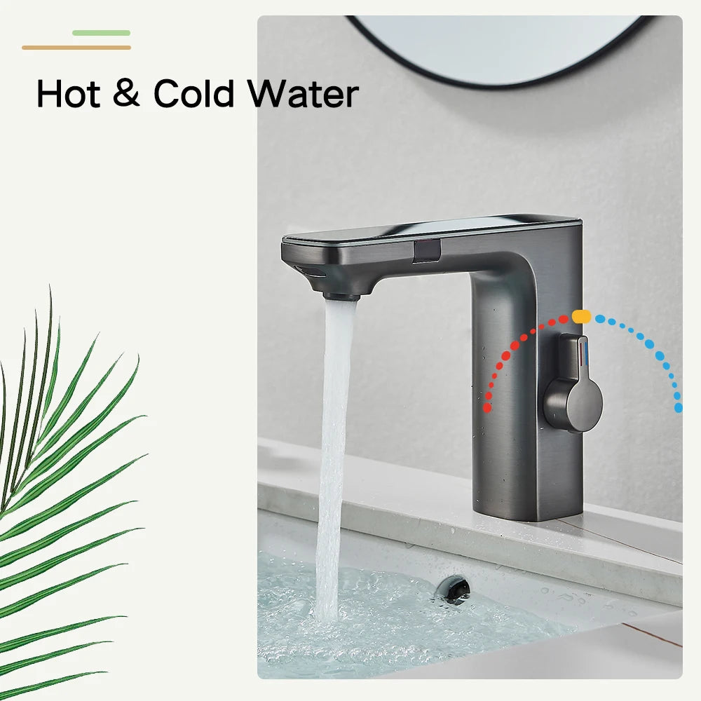 Touchless Sensor Basin Faucet with Digital Display – Brushed Grey Brass Bathroom Sink Mixer Tap, Single Hole Single-Handle, Hot & Cold