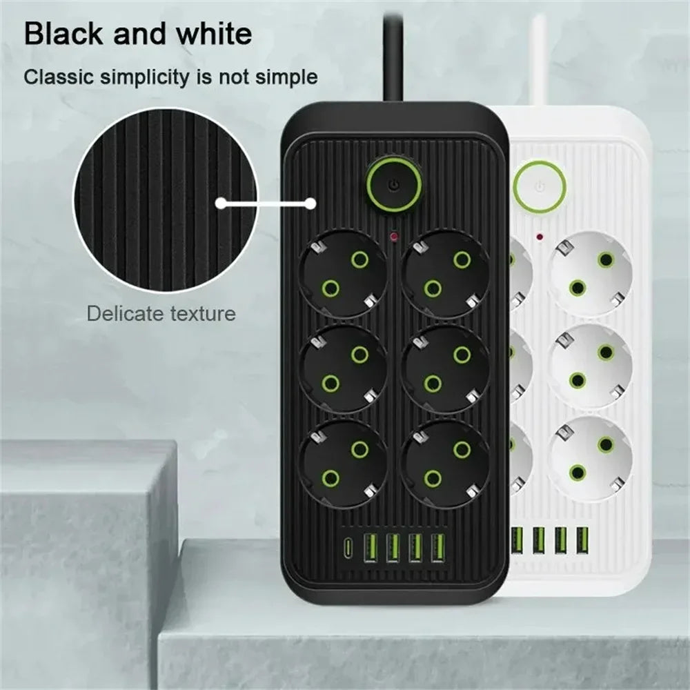2M EU Plug Power Strip Surge Protector — Multi Outlet Extension Cord with 4 USB Ports & USB-C Fast Charging
