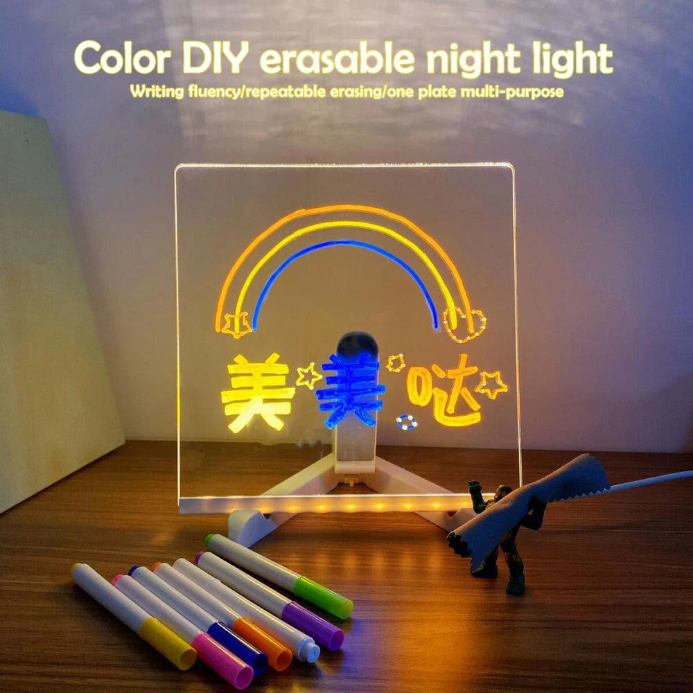 LED Acrylic Message Board with Night Light and 7 Color Pens – DIY Rewritable Kids Drawing & Birthday Gift