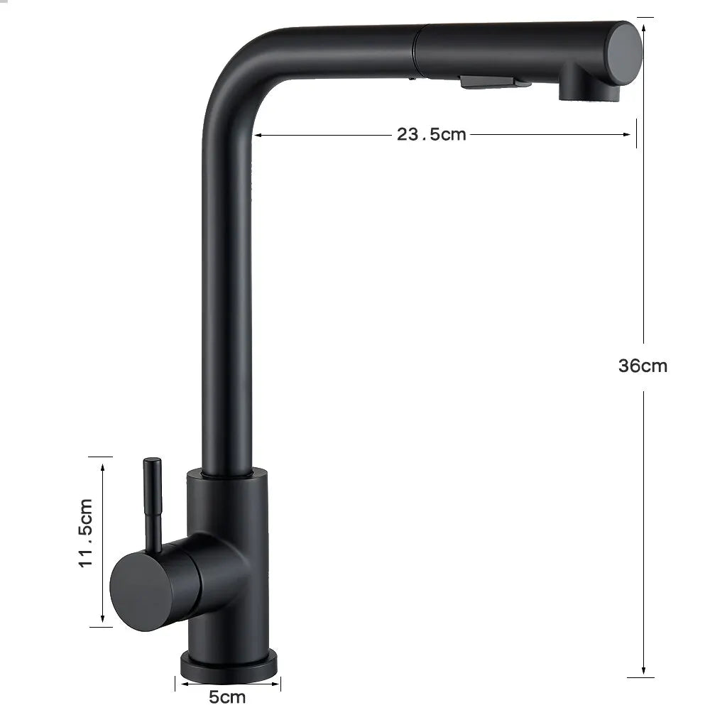 Matte Black Pull-Out Kitchen Faucet Flexible Spout 2 Modes Stream & Spray 304 Stainless Steel Deck-Mount Hot Cold Mixer