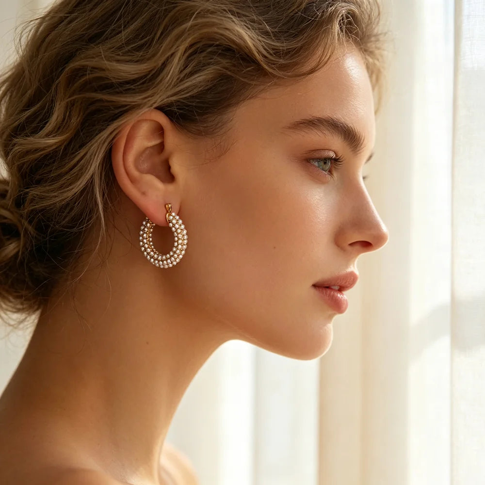 Dainty Pearl Hoop Earrings for Women — 15mm & 23mm Gold-Plated Hypoallergenic Stainless Steel Hoops
