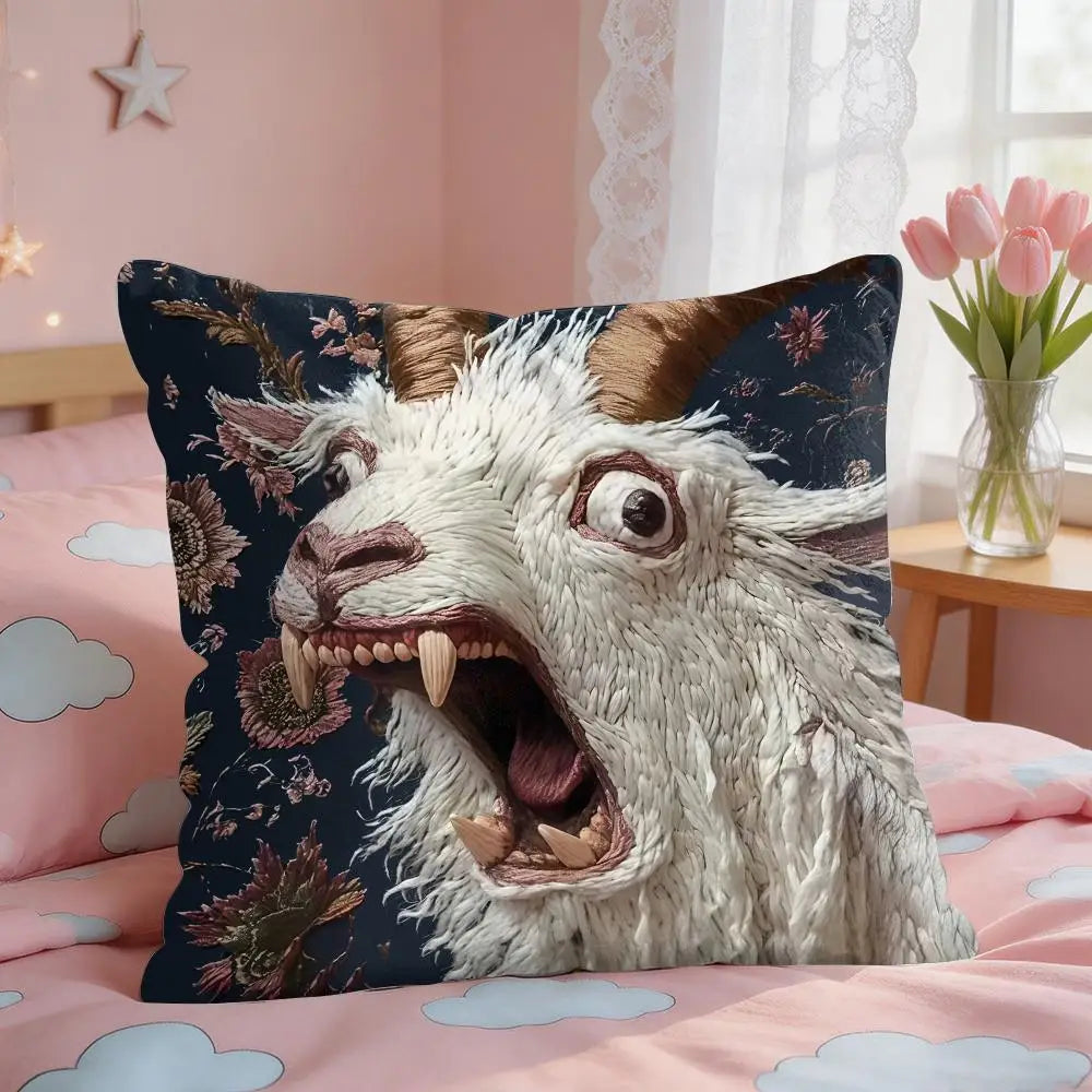 Spooky Goat Face 2D Short Plush Square Cushion Cover 16x16 in (40x40 cm) Sofa Throw Pillow Case