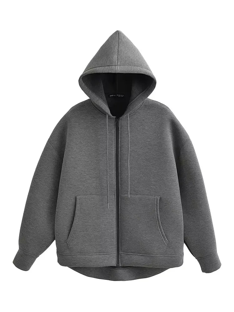 Women's Gray Hooded Zipper Jacket with Large Pockets Loose Long Sleeve Casual Coat