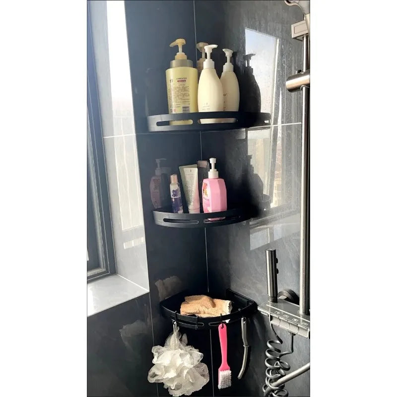1/2/3-Pack Matte Black No-Drill Adhesive Shower Shelf – Rustproof Waterproof Wall-Mounted Organizer for Shampoo & Towels