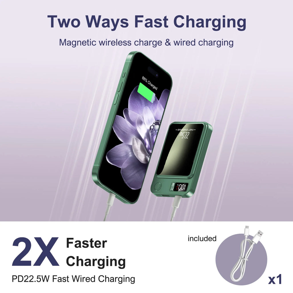 10000mAh Magnetic Wireless Power Bank PD 22.5W Fast Charge Portable Charger with Digital Display & Dual USB
