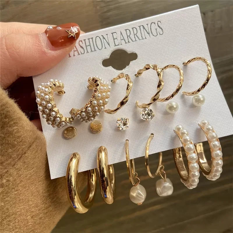Geometric Hoop Earring Set for Women - Bohemian Pearl & Gold Drop Earrings, Vintage Punk Daily Wear Jewelry Gift