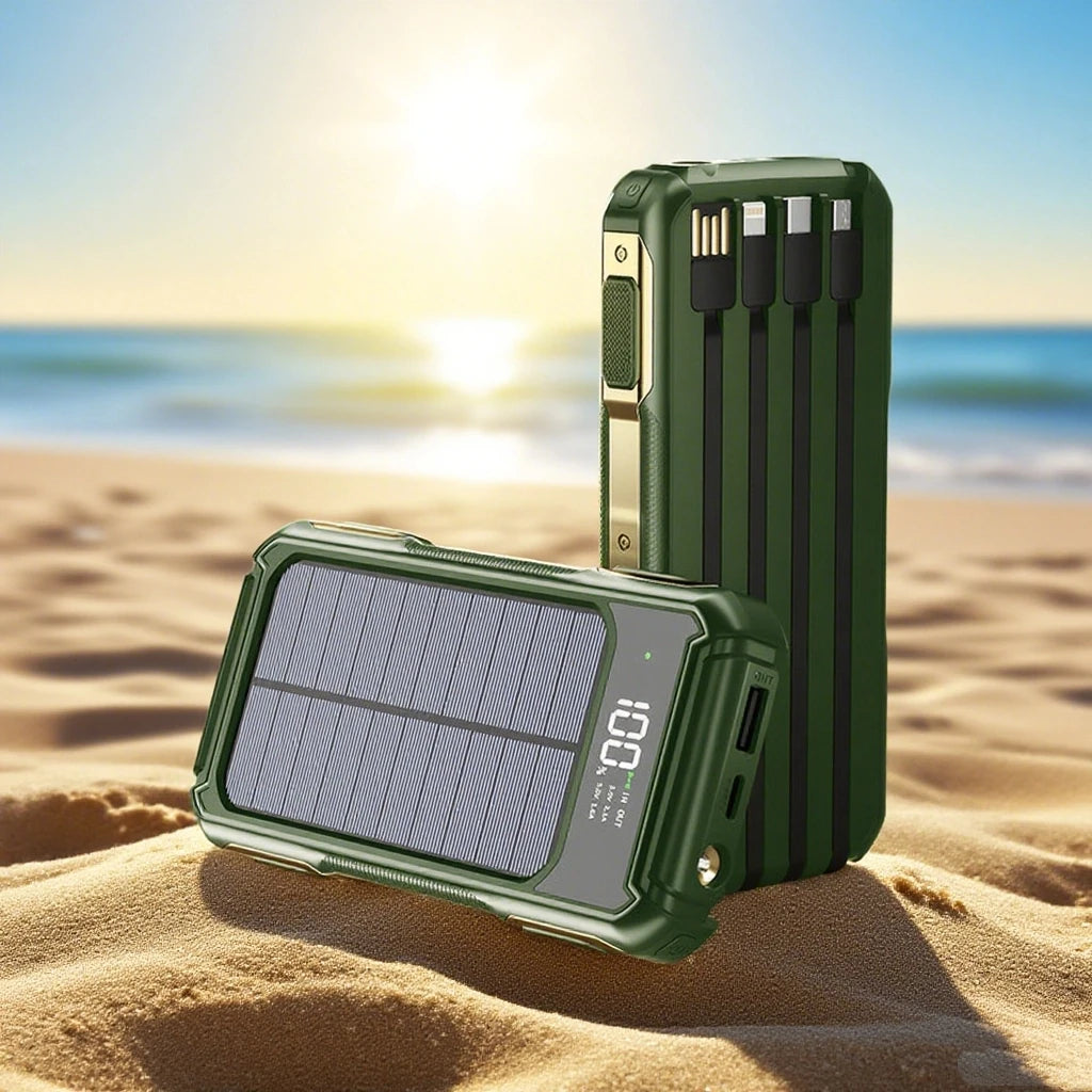 200000mAh Solar Power Bank — 4-in-1 Built-in Cables, Fast Charge, Digital Display & LED Emergency Light