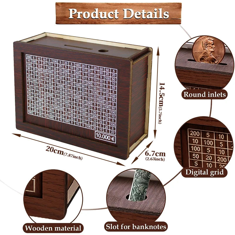 Wooden Money Challenge Box 1000/2000/3000/5000/10000 Euro – Piggy Bank Cash Vault & Savings Case