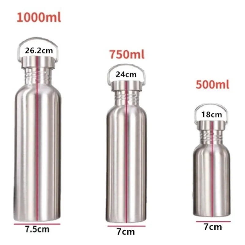 Stainless Steel Water Bottle Single Wall Wide Mouth 500/750/1000ml (16.9/25.4/33.8 fl oz) Sports & Cycling Bottle with Lid