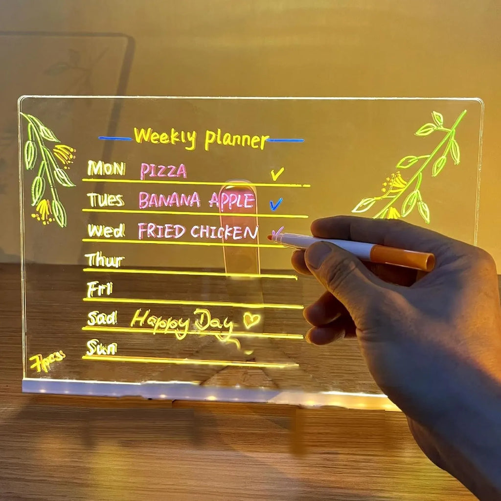 USB LED Acrylic Message Board Night Light with 7 Color Marker Pens — Rewritable Glowing Writing & Drawing Board for Home, Office & School
