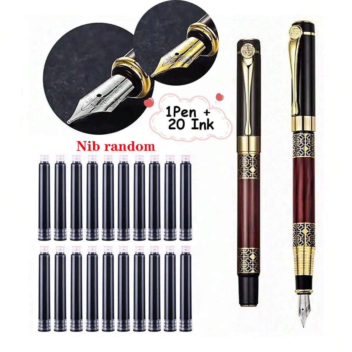 Retro Metal Fountain Pen Set (1–100 pcs) with Replaceable Ink, Elegant Writing Gift for Office & School