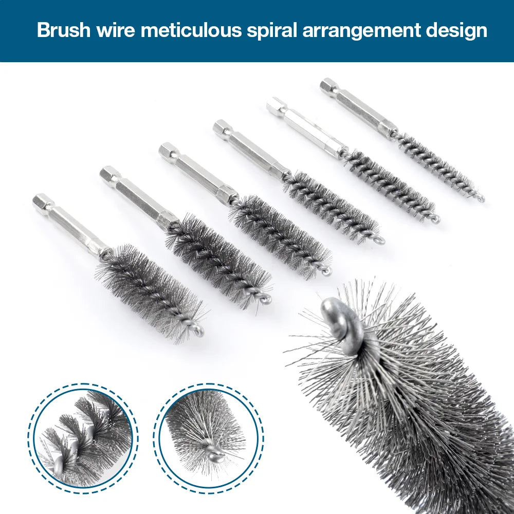 6/12-Pack Stainless Steel Drill Wire Brush Set — 1/4 in (6.35 mm) Hex Shank, 8/10/12/15/17/19 mm Bore Cleaning & Rust Removal