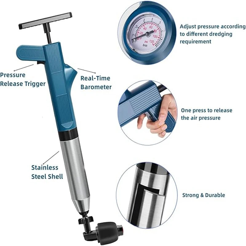 Stainless Steel Pneumatic Toilet Plunger & Air Drain Blaster - High-Pressure Pipe Unblocker Tool Set