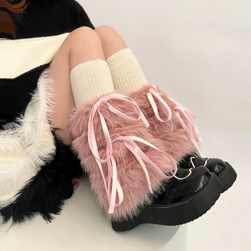 JK Harajuku Furry Plush Boot Cuffs Leg Warmers with Ribbon Bow – White Winter Boot Covers