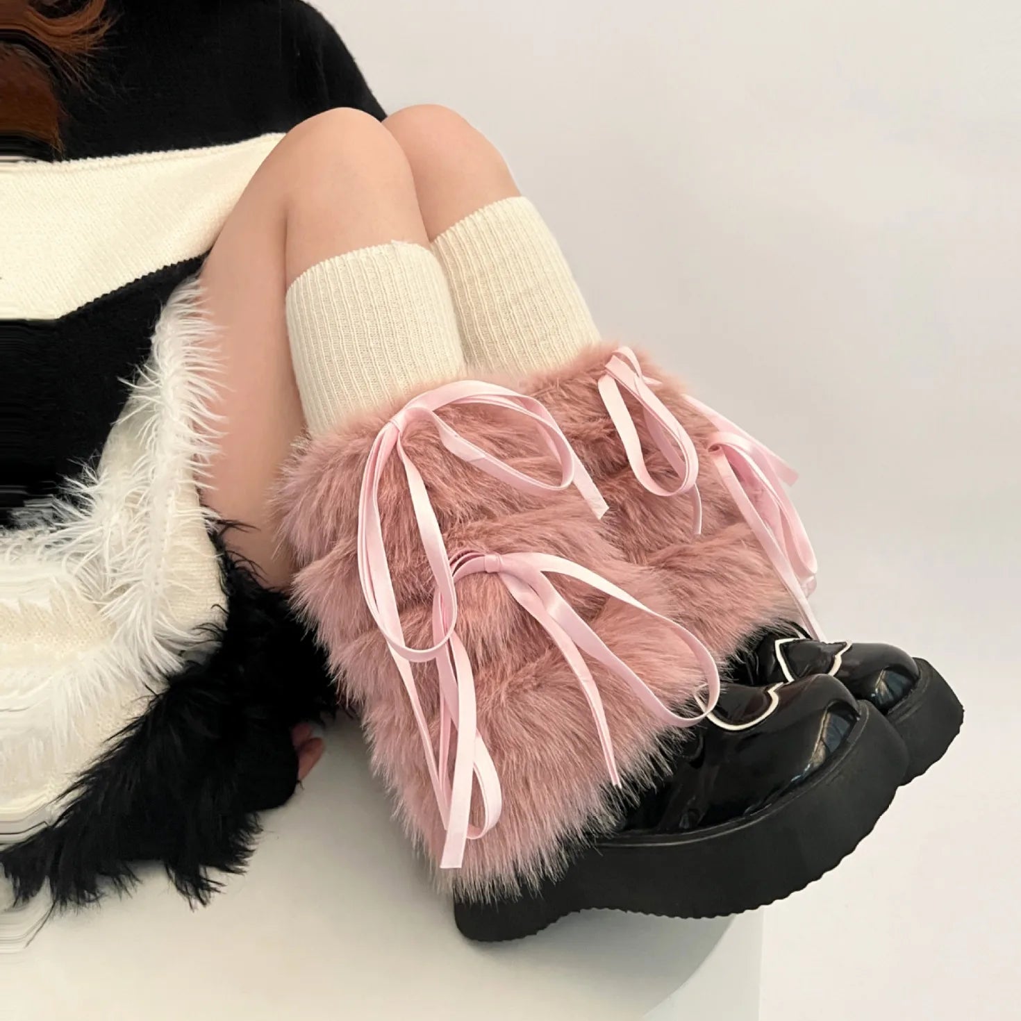 JK Harajuku Furry Plush Boot Cuffs Leg Warmers with Ribbon Bow – White Winter Boot Covers