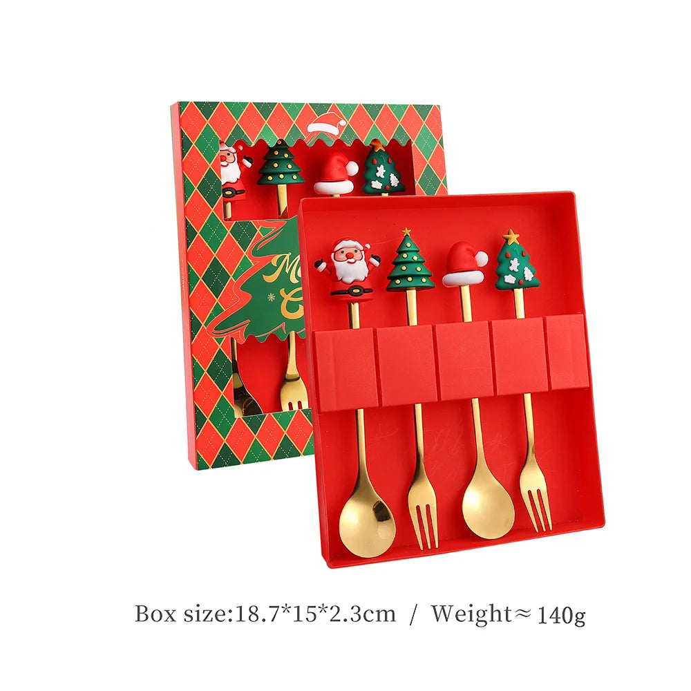 4-Piece Stainless Steel Christmas Cutlery Set – Spoon & Fork Holiday Table Decor with Elk & Tree Ornaments