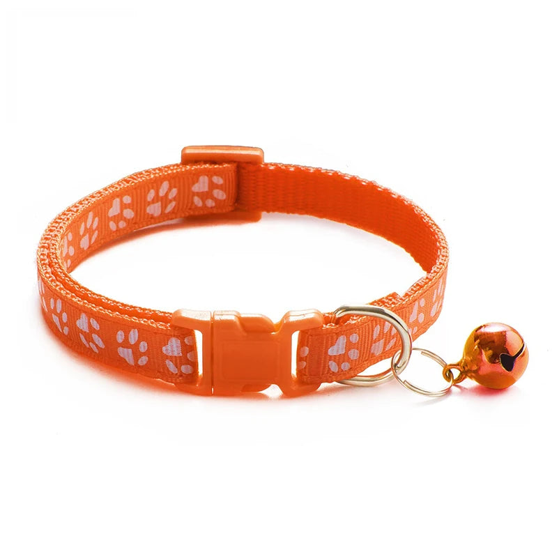 Adjustable Cat Collar with Bell and D-Ring, Dog-Print Rope Necklace, Multiple Colors