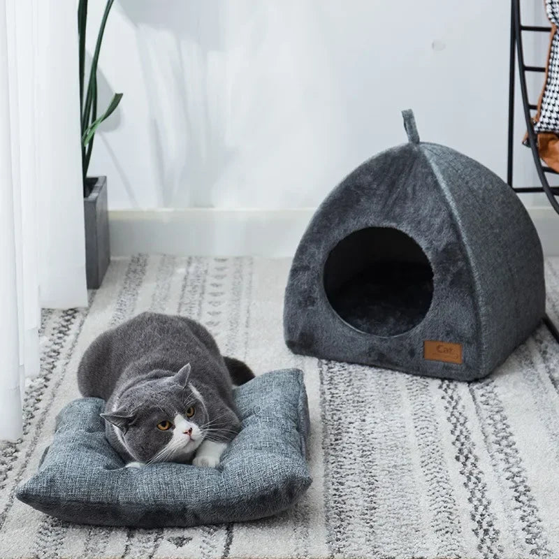 Triangle Closed Cat Bed - Plush Warm Thickened Cat Tent Nest for Cats & Small Dogs
