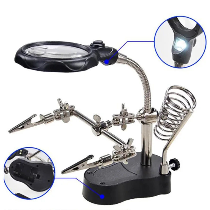 LED Clip Magnifier Helping Hand for Soldering and Circuit Board Repair 3.5x 12x Stand Holder