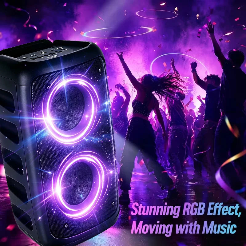 Portable Bluetooth Boombox Speaker – Dual Drivers, TWS Stereo, RGB Party Lights, USB TF Card & FM Radio