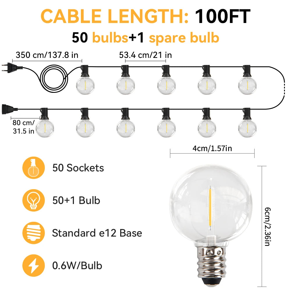 30M (100ft) G40 Globe LED String Lights – Warm White Outdoor Patio & Garden Wedding Party