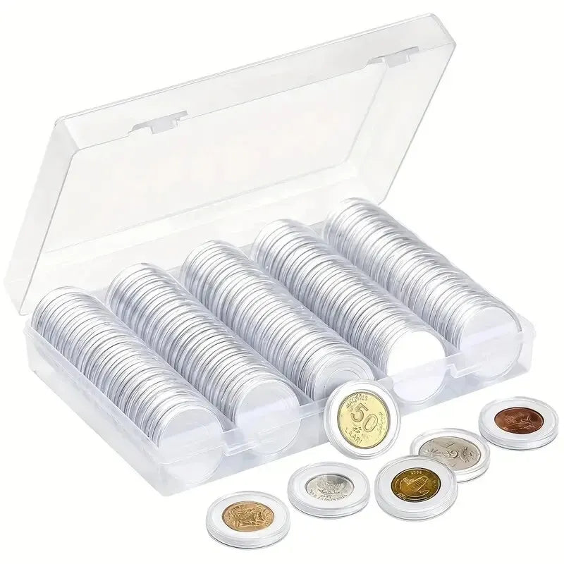 100-Pack Clear Round Coin Capsules with Storage Case, Coin Protection for Collectors and Gifts