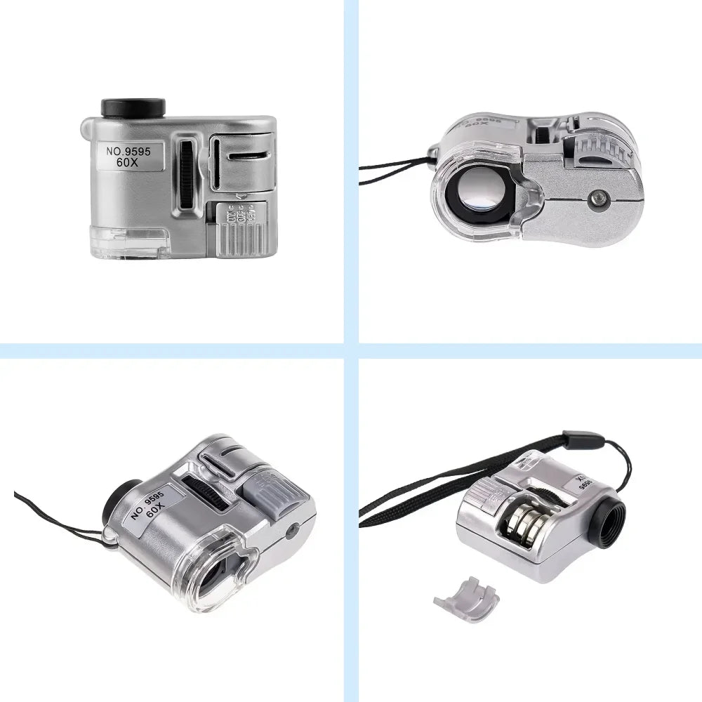 60x Handheld Pocket Magnifier with LED & UV Light Portable Jeweler Loupe