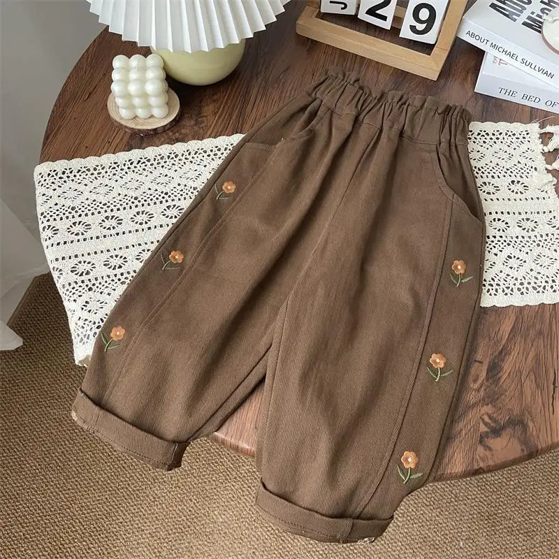 Girls Floral Embroidered Cotton Harem Pants 2-6T Elastic Waist Casual Autumn Trousers