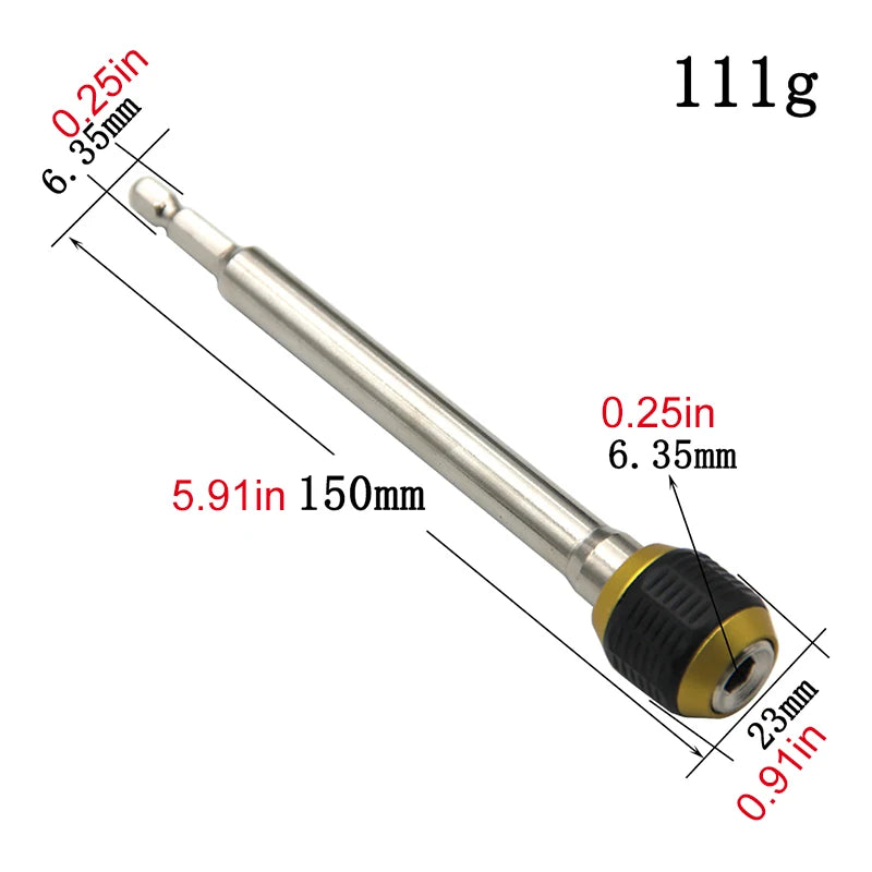 1/4-Inch (6.35mm) Hex Quick-Release Bit Holder Extension Rod — Pop-Up Self-Locking 60mm / 150mm Drill Driver Adapter