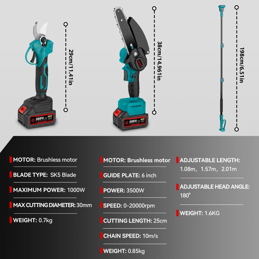 2-in-1 Brushless Pole Chainsaw & Pruning Shears — 6 in (150 mm) Guide Bar, 3500W Cordless Telescoping Pole Saw, 18–21V