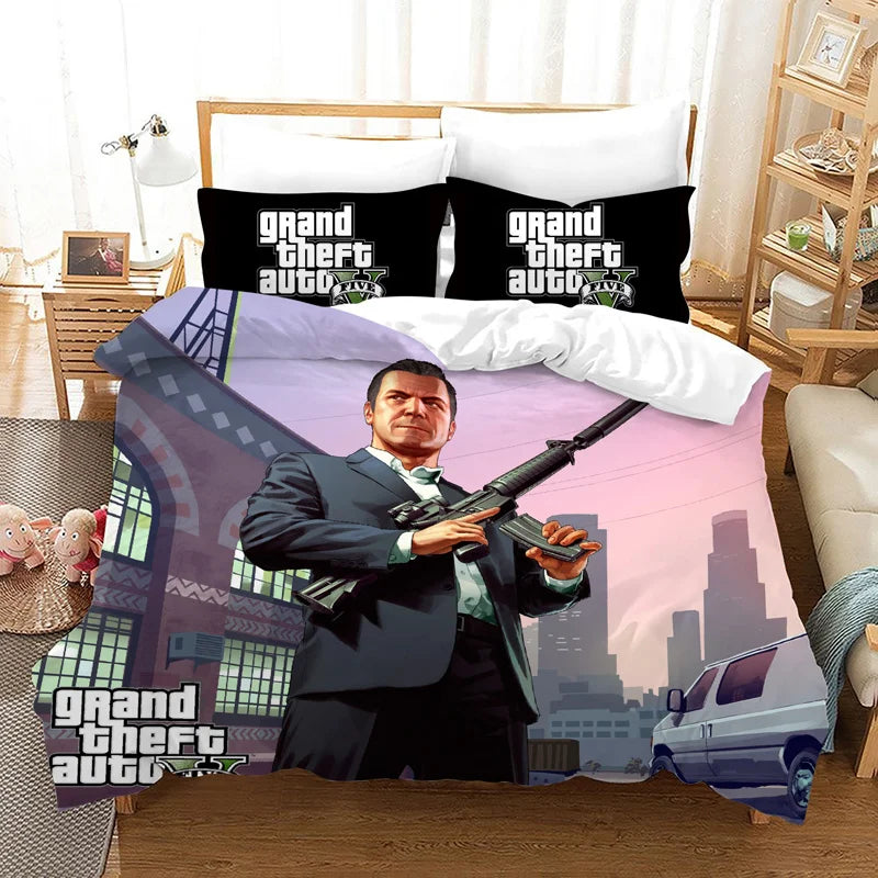 GTA V Cartoon 3-Piece Bedding Set — Printed Duvet Cover & 2 Pillowcases, Twin to King (68×86–104×90 in / 172×218–264×228 cm)