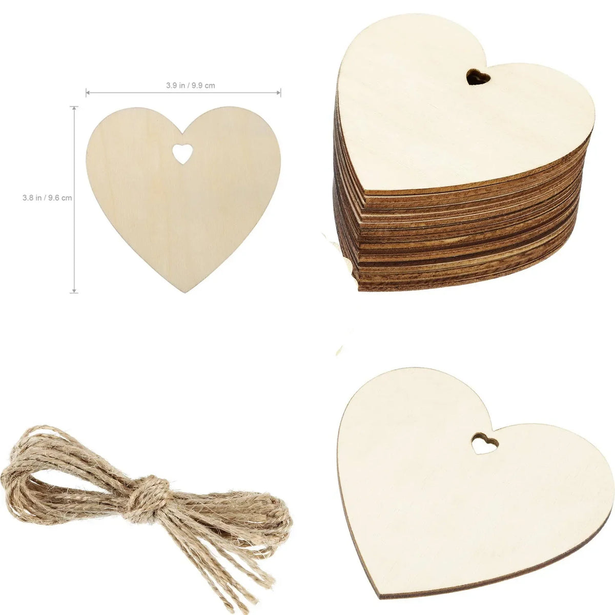 50/100-Pack 100mm (3.94 in) Wooden Heart Craft Blanks – Unfinished Ornaments for DIY Painting, Wedding & Christmas Decor