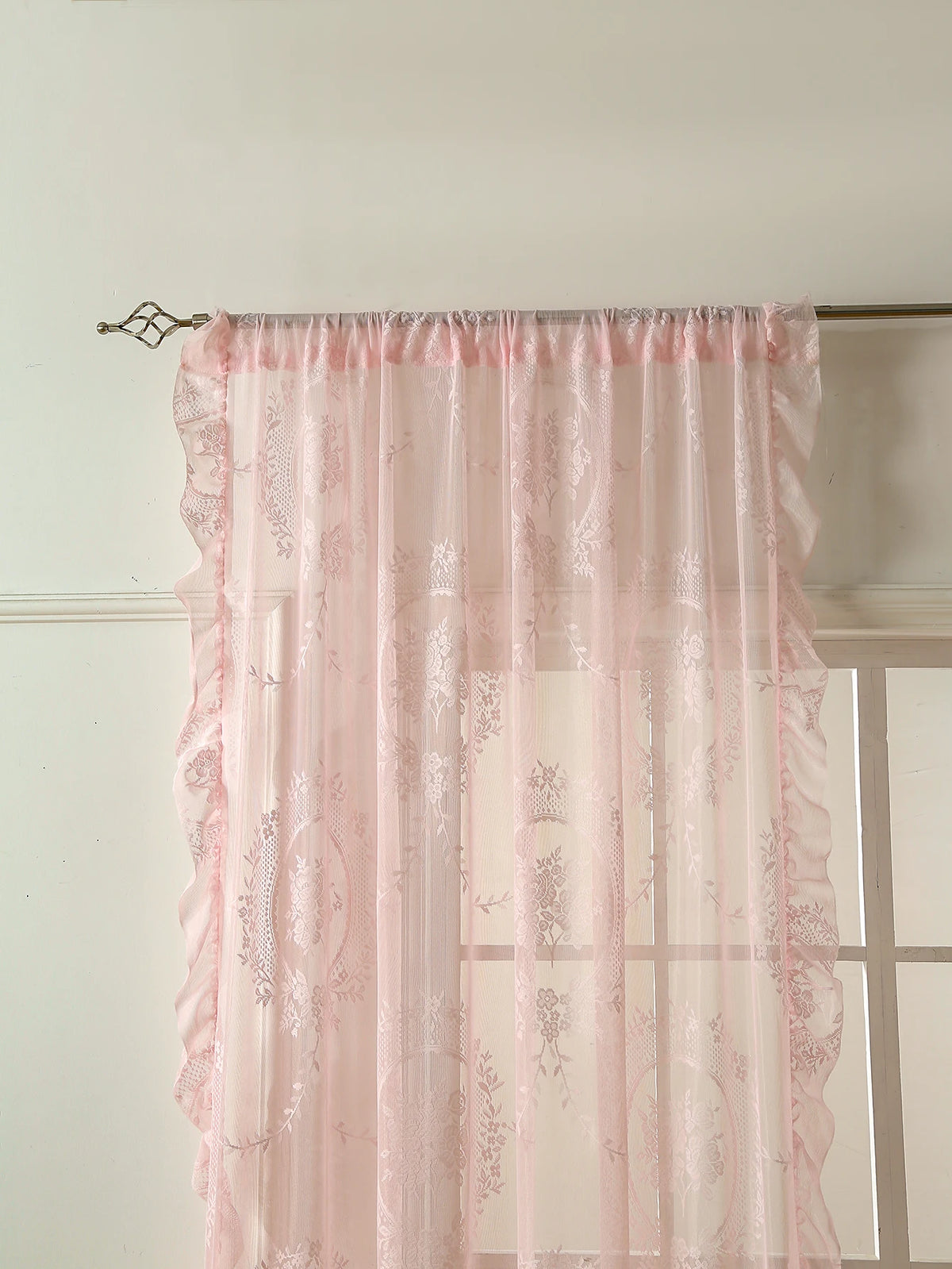 78-Inch (198 cm) Pink Lace Rod-Pocket Sheer Curtain – Floral Translucent Drapes for Girls Bedroom & Balcony