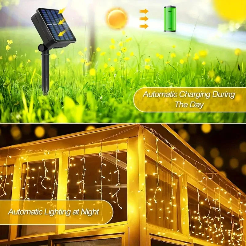 Solar Icicle Curtain Lights — 162/96 LED, 8 Modes, IP65 Waterproof, 9m/6m (29.5ft/19.7ft) Outdoor Christmas Fairy String Lights
