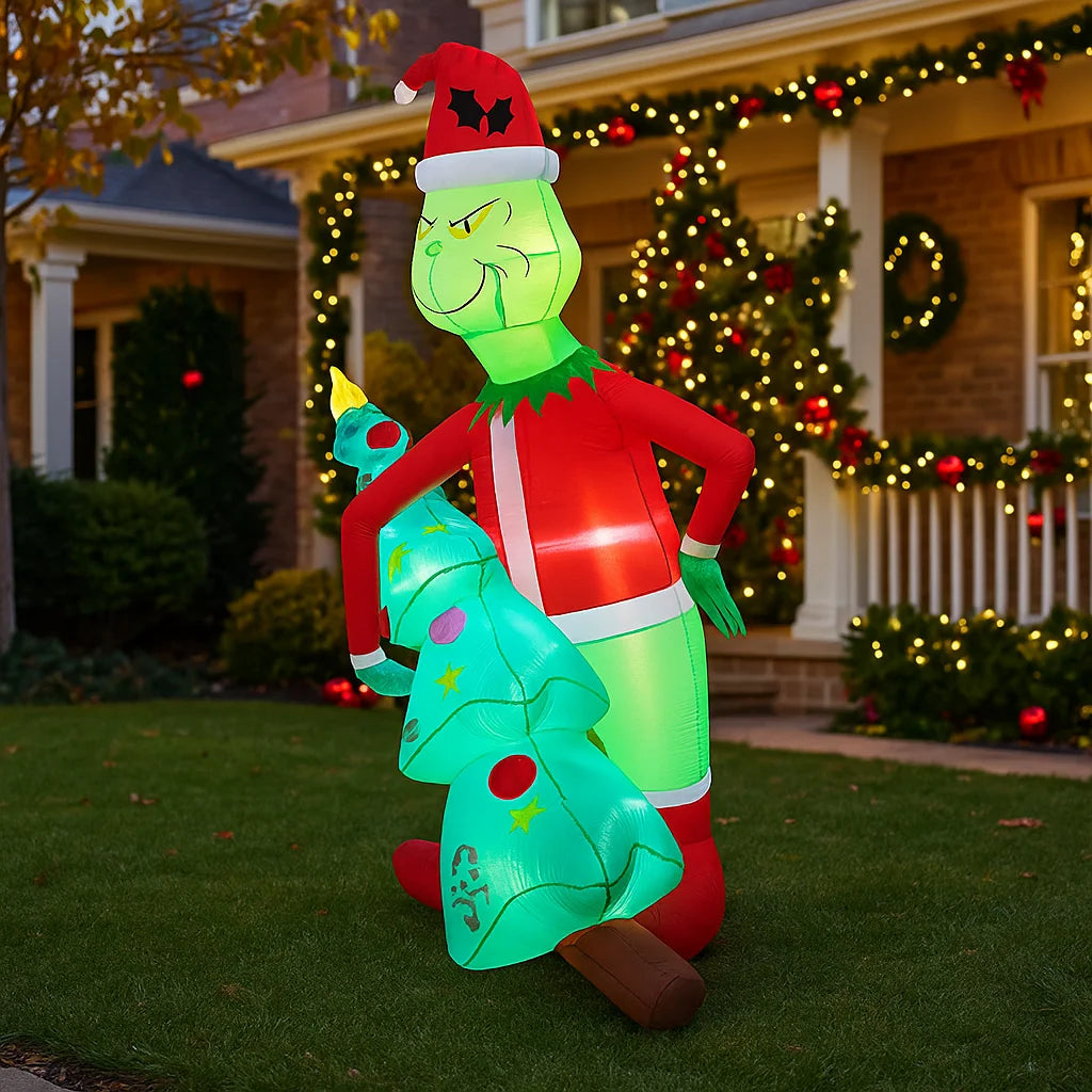 6.8 ft (2.07 m) Grinch Holding Christmas Tree Inflatable Yard Decoration – Outdoor Holiday Decor, Plug-In Inflatable
