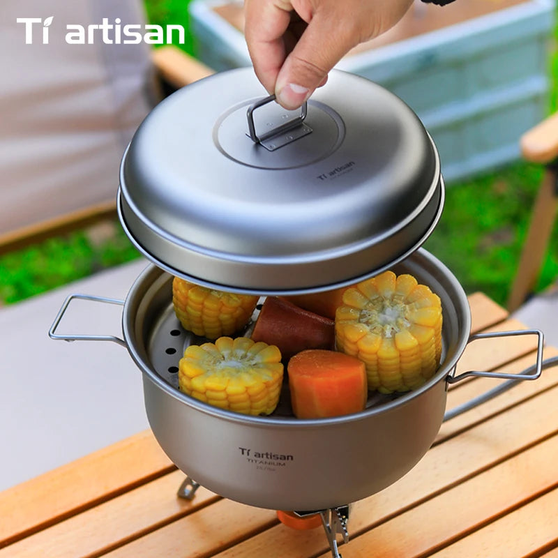 Titanium Camping Soup Pot Set 2.1L & 2.8L Lightweight Steamer with Steam Compartment - Multi-Functional Outdoor Cookware